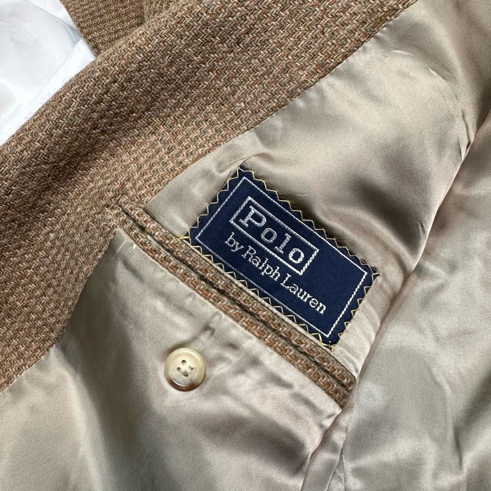 Vintage Polo Ralph Lauren Tan Wool Houndstooth Tweed Blazer Men's 40L Union Made - Picture 6 of 11